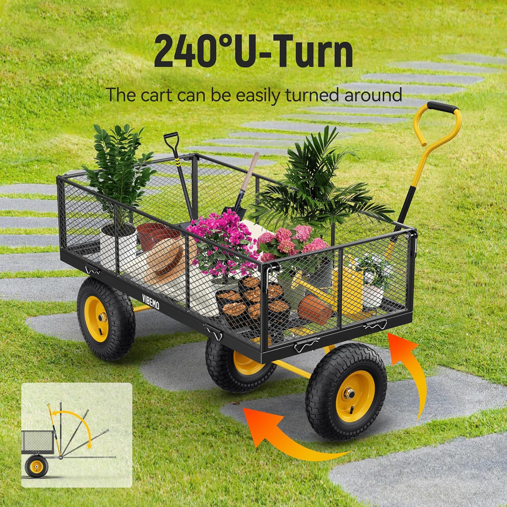 Steel Garden Cart, 2-in-1 1400 lbs Heavy Duty Utility Wagon, with Removable Mesh Sides to Convert into Flatbed, 240�� U-Turn 13" Pneumatic Tires Garden Wagon for Farm Yard Lawn Garden Camping