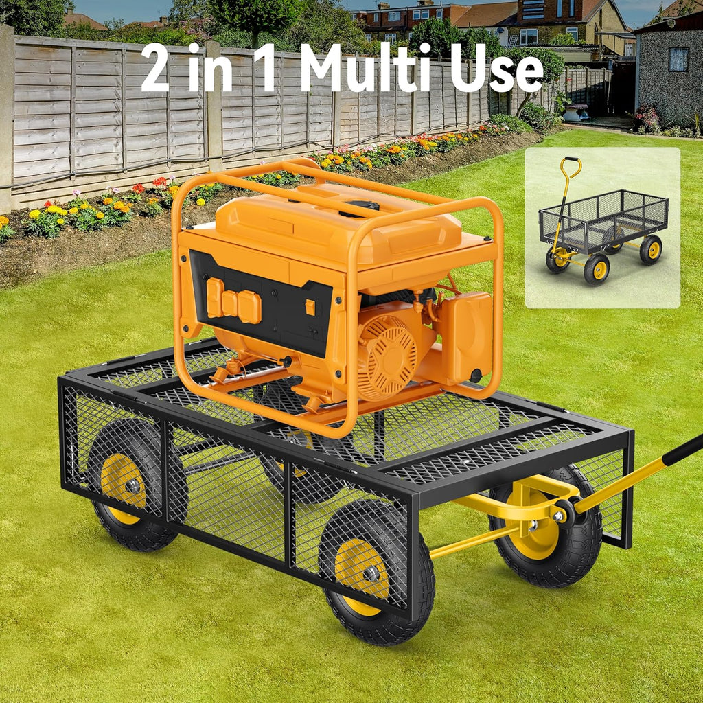 Steel Garden Cart, 2-in-1 1400 lbs Heavy Duty Utility Wagon, with Removable Mesh Sides to Convert into Flatbed, 240�� U-Turn 13" Pneumatic Tires Garden Wagon for Farm Yard Lawn Garden Camping