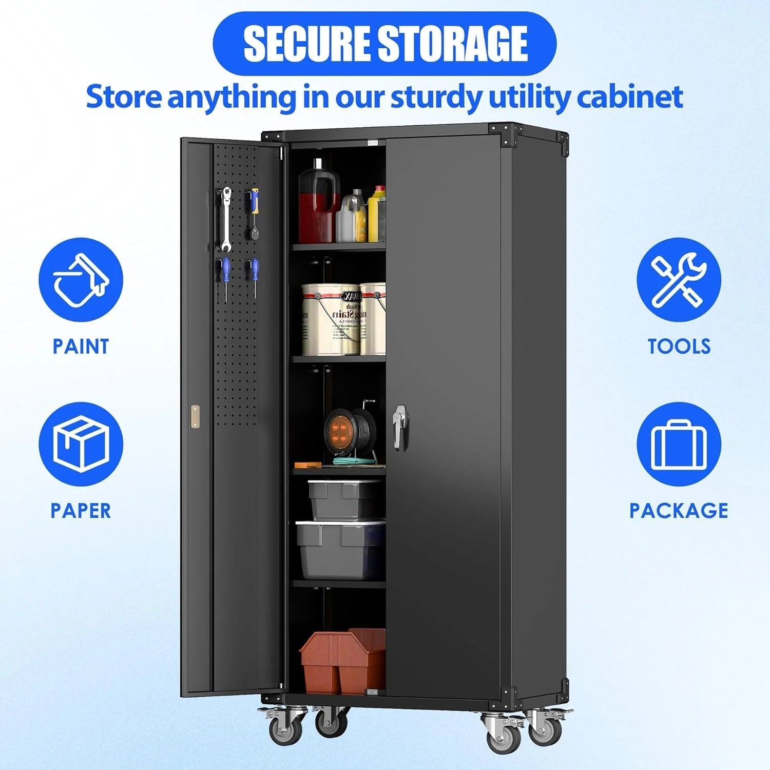 Aobabo 73''H Metal Garage Storage Cabinet with Wheels,Steel Cabinets with 2 Doors and 4 Adjustable Shelves for Home Office,Required Assembly,Black