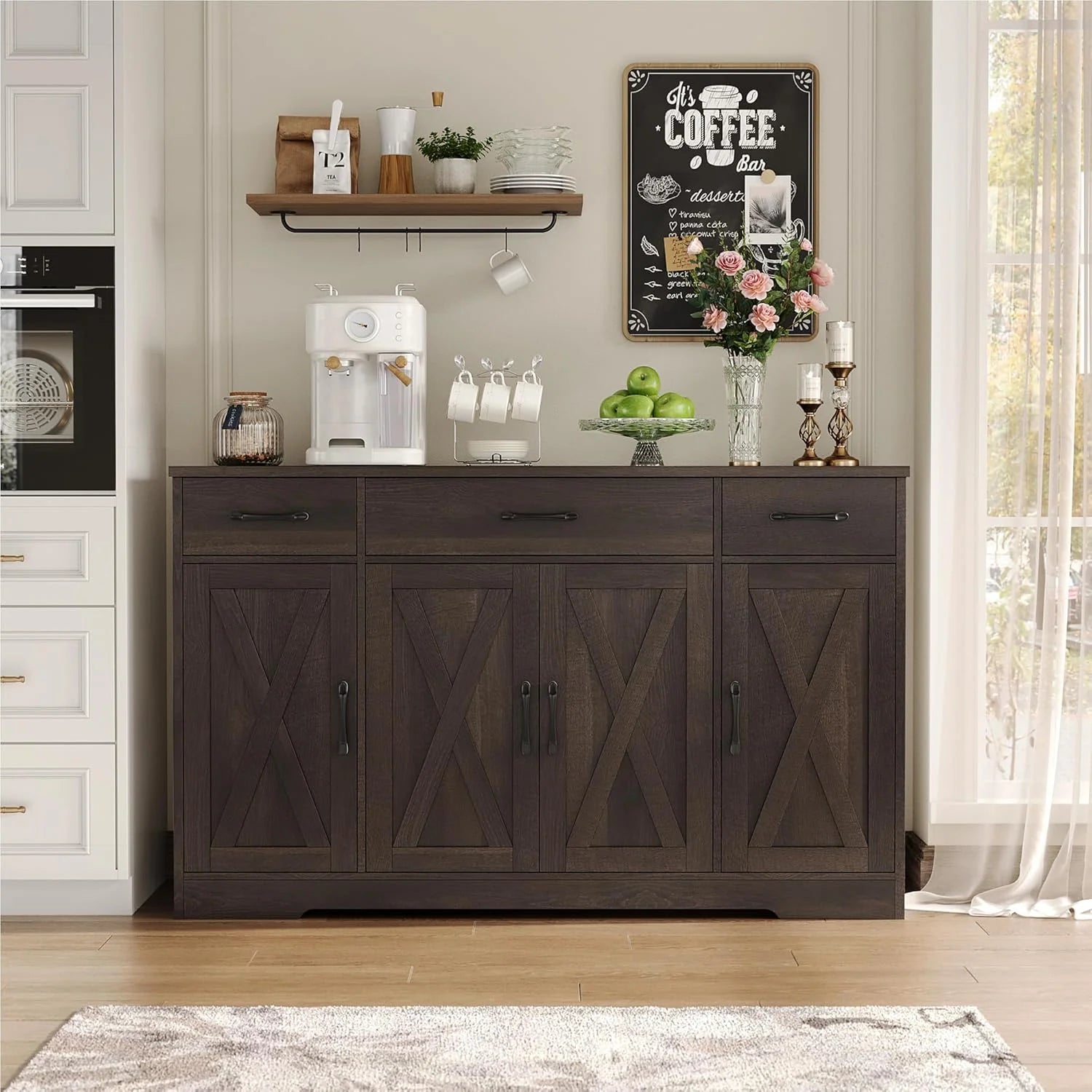 HOSTACK Buffet Cabinet with Drawers, 55" Large Sideboard Buffet Storage Cabinet with Shelves and Doors, Modern Farmhouse Coffee Bar Station Wood Kitchen Table for Kitchen, Dining Room, White/Rustic