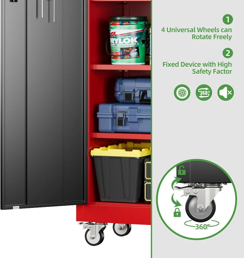 Aobabo 73''H Metal Garage Storage Cabinet with Wheels,Steel Cabinets with 2 Doors and 4 Adjustable Shelves for Home Office,Required Assembly,Black