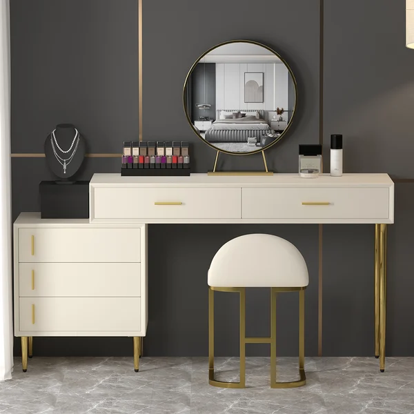 Modern Blue Makeup Vanity Set Retracted Dressing Table Cabinet&amp;Stool&amp;Mirror Included