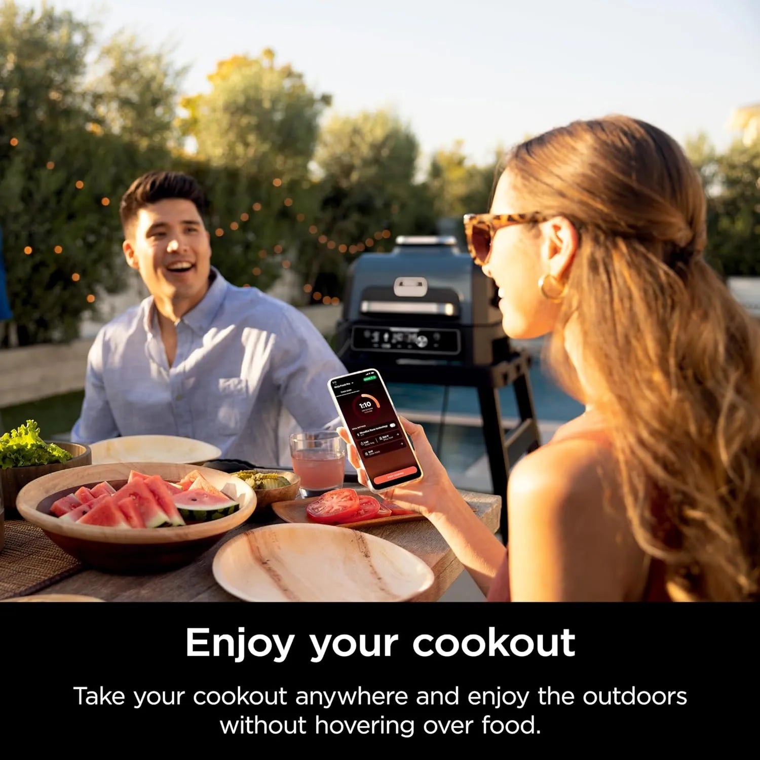 Premium XL Outdoor Grill & Smoker, Bluetooth, App Enabled, 7-in-1 Master Grill, BBQ Smoker, Outdoor Air Fryer, Woodfire Technology, 2 Built-In Thermometers, Black