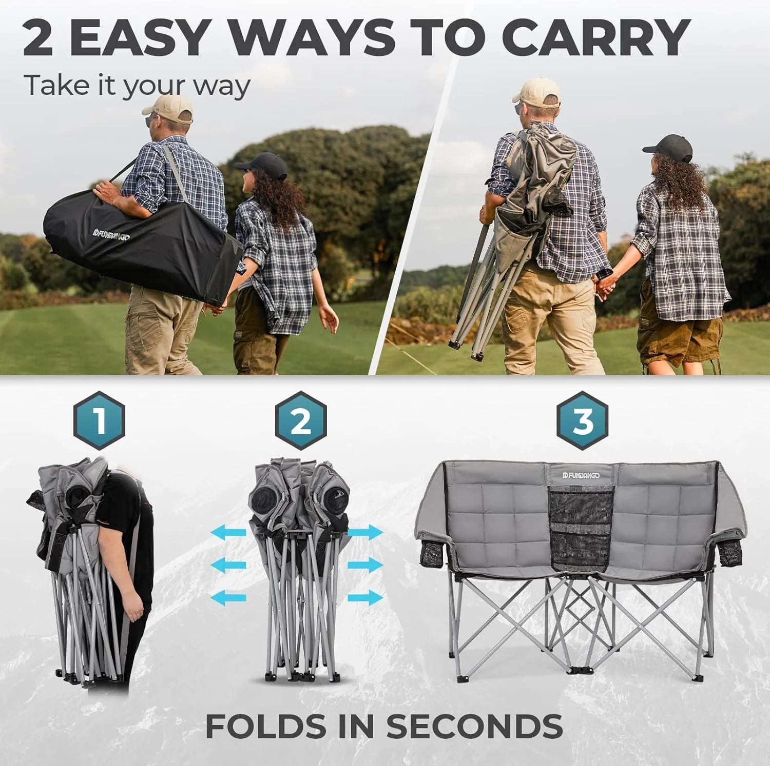 Double Camping Chair with Cooler 3-Person Folding Extra Large Camping Chair with 1000-Pound Load Capacity