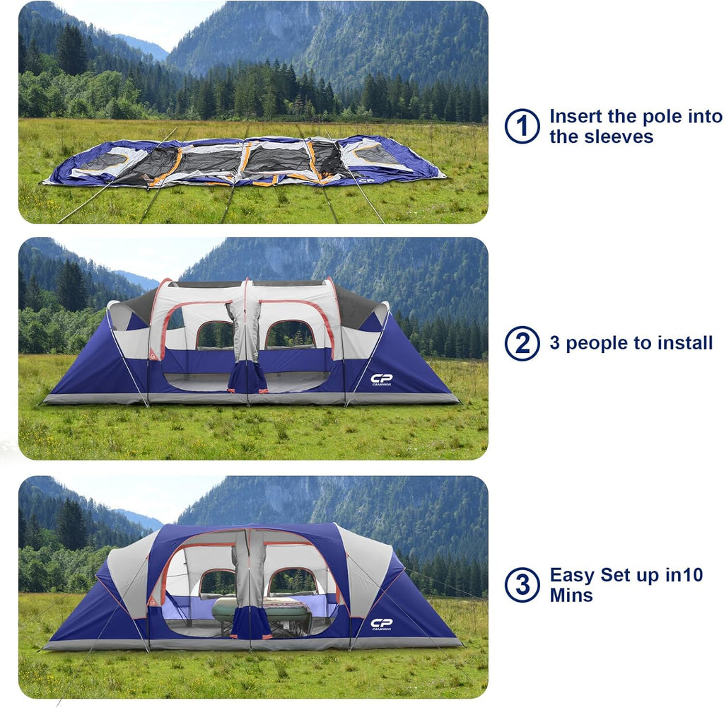 CAMPROS CP Tent 12-Person-Camping-Tents,3 Room Family Tents,Waterproof Windproof Family Tent with Top Rainfly,6 Large Mesh Windows,Double Layer,Easy Set Up, Portable with Carry Bag-20' x 9' x 72"(H)