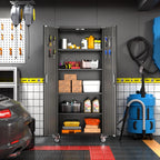 Aobabo 73''H Metal Garage Storage Cabinet with Wheels,Steel Cabinets with 2 Doors and 4 Adjustable Shelves for Home Office,Required Assembly,Black