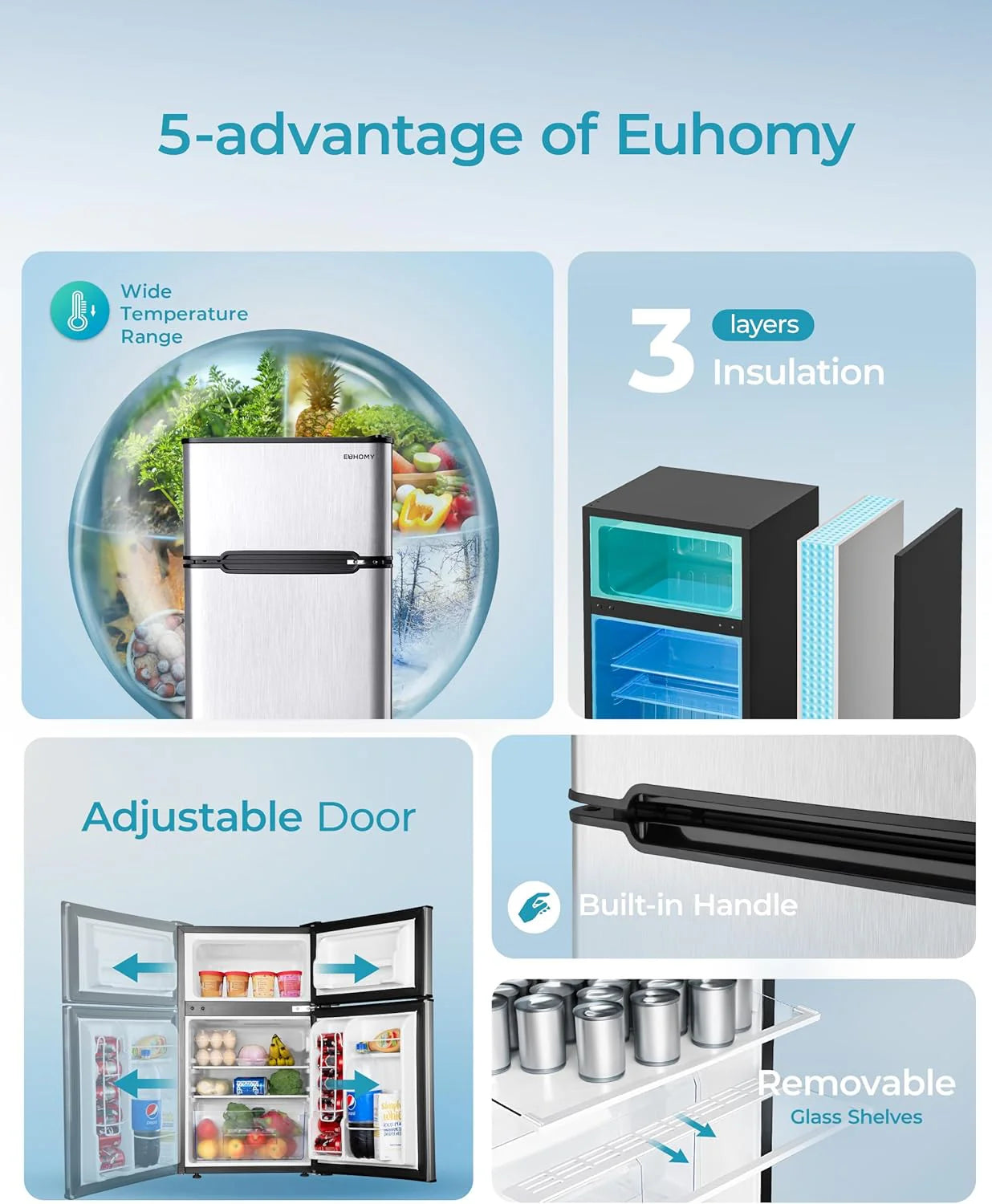 EUHOMY 3.2 Cu.Ft Mini Fridge with Freezer ?C 2-Door Compact Refrigerator for Bedroom, Dorm, Office or Apartment, Silver