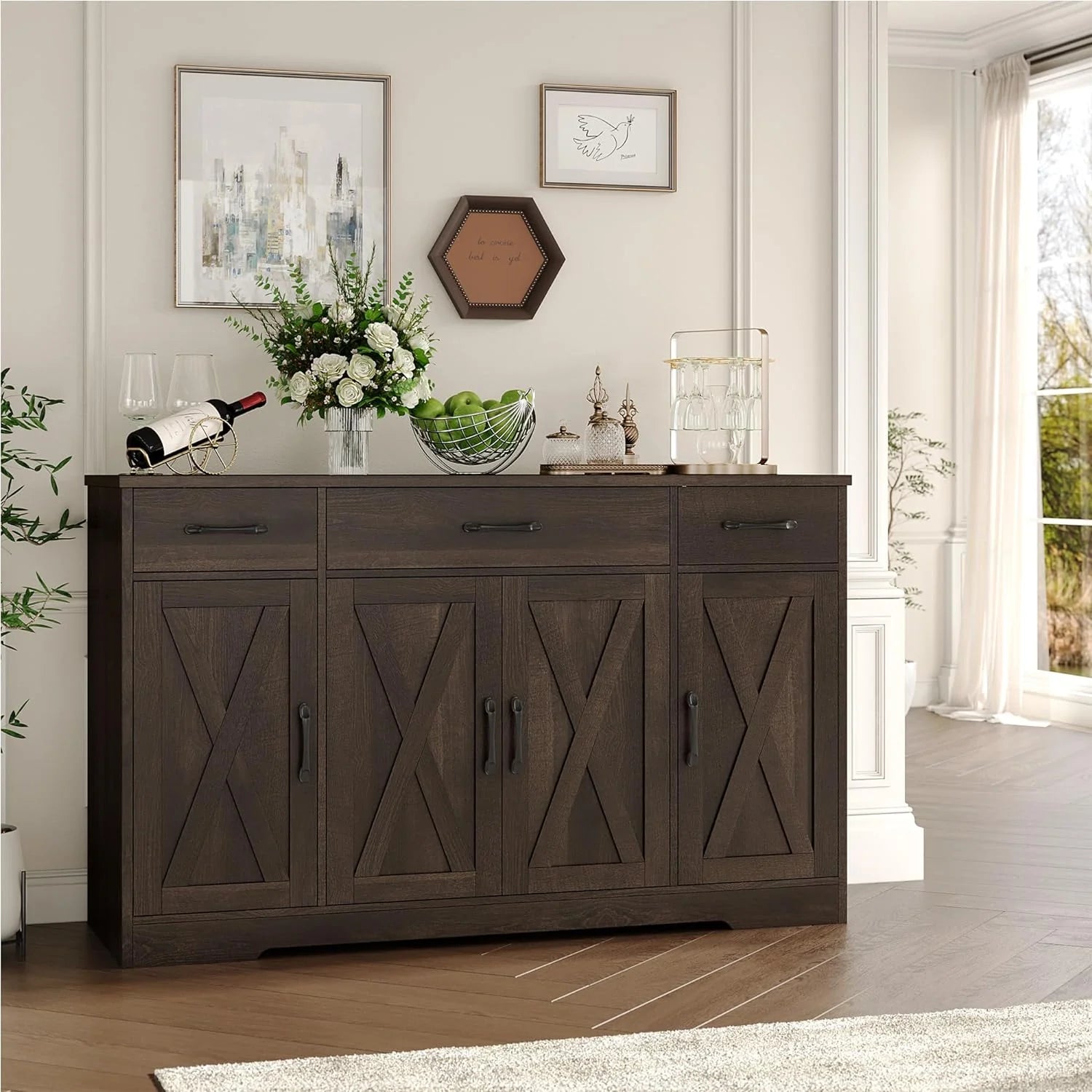 HOSTACK Buffet Cabinet with Drawers, 55" Large Sideboard Buffet Storage Cabinet with Shelves and Doors, Modern Farmhouse Coffee Bar Station Wood Kitchen Table for Kitchen, Dining Room, White/Rustic