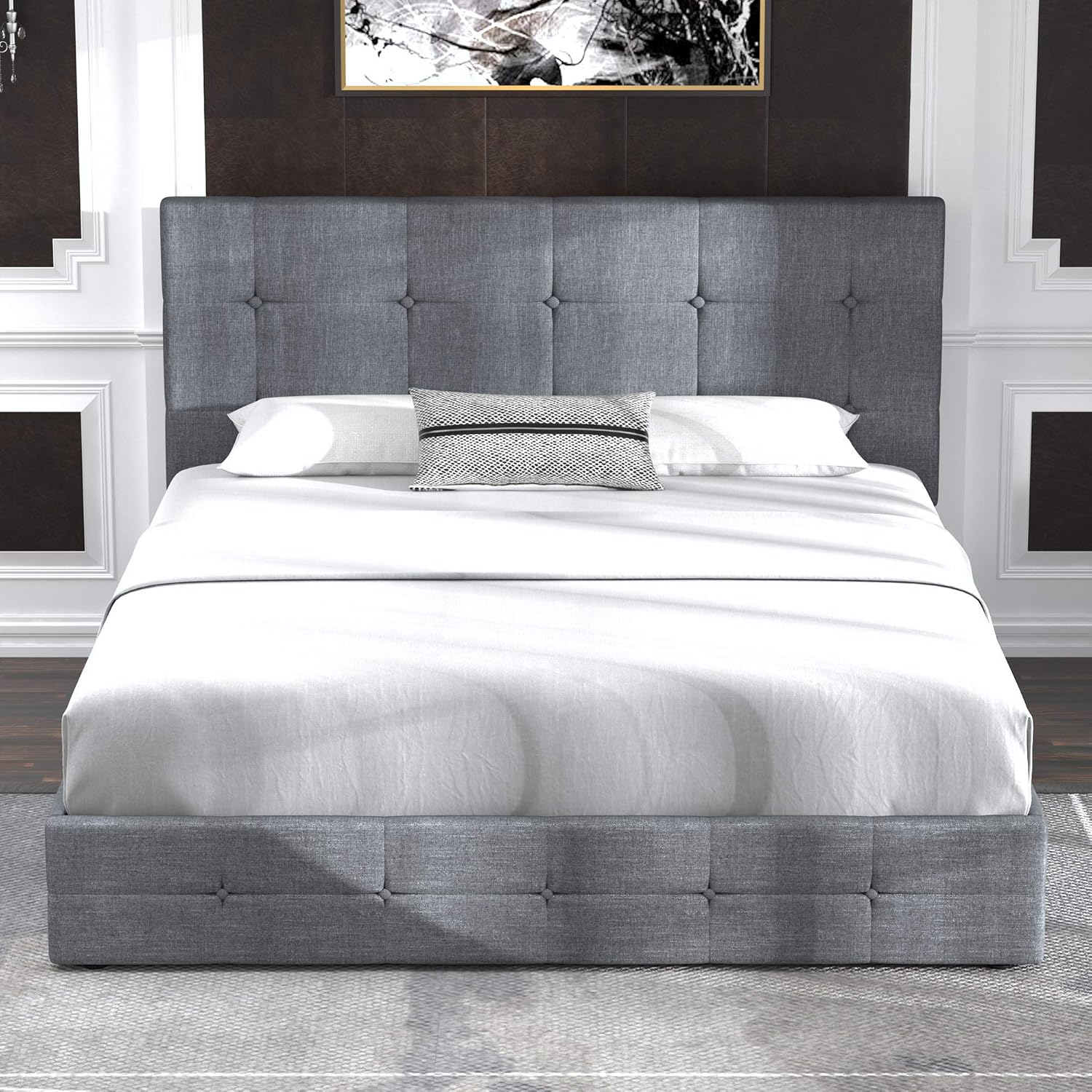 Allewie Upholstered Queen Size Platform Bed Frame with 4 Storage Drawers and Headboard, Square Stitched Button Tufted, Mattress Foundation with Wooden Slats Support, No Box Spring Needed, Light Grey