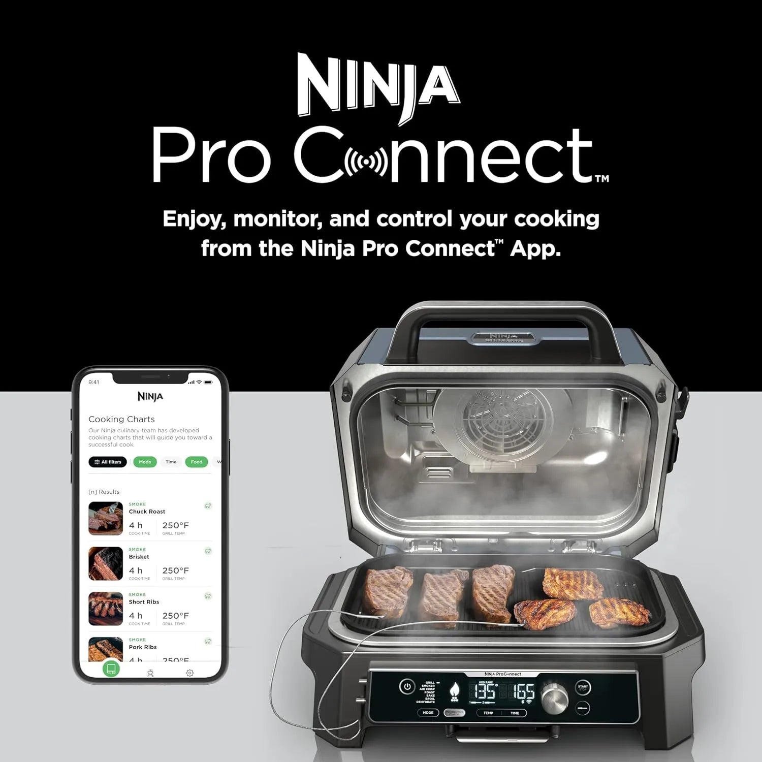 Premium XL Outdoor Grill & Smoker, Bluetooth, App Enabled, 7-in-1 Master Grill, BBQ Smoker, Outdoor Air Fryer, Woodfire Technology, 2 Built-In Thermometers, Black