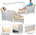 LEVELEVE Balcony Furniture 5 Piece Patio Conversation Set, PE Wicker Rattan Outdoor Lounge Chairs with Soft Cushions 2 Ottoman&Glass Table for Porch, Lawn-Brown Wicker