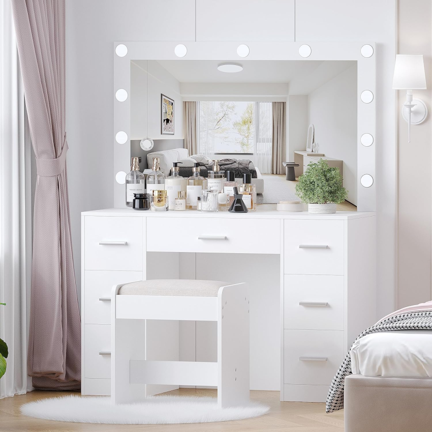 Vanity Desk with Stool, Makeup Table with Lighted Mirror, 3 Color Lighting Modes, Brightness Adjustable, Dressing Table