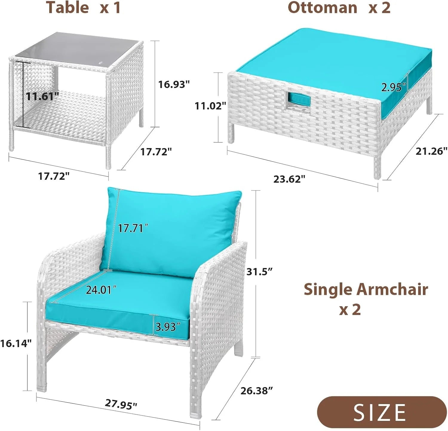 LEVELEVE Balcony Furniture 5 Piece Patio Conversation Set, PE Wicker Rattan Outdoor Lounge Chairs with Soft Cushions 2 Ottoman&Glass Table for Porch, Lawn-Brown Wicker