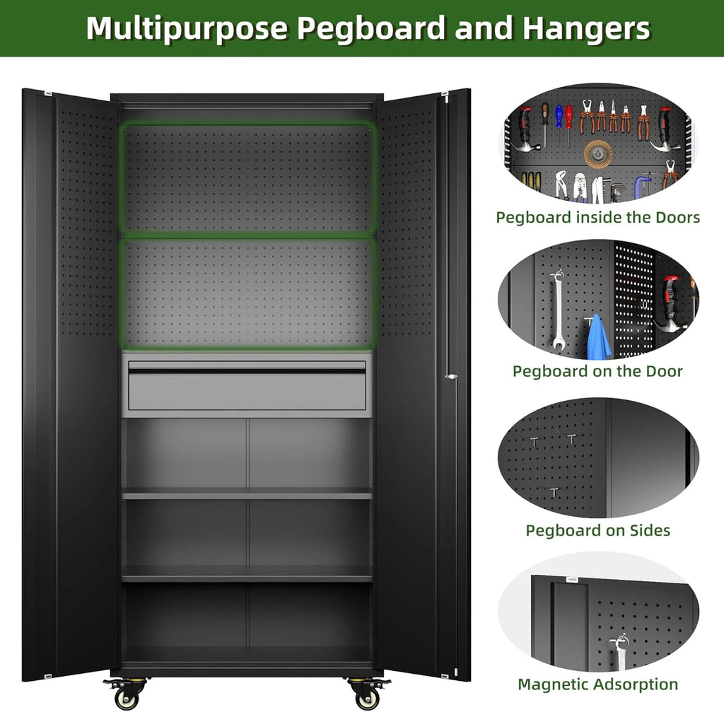 Aobabo 73''H Metal Garage Storage Cabinet with Wheels,Steel Cabinets with 2 Doors and 4 Adjustable Shelves for Home Office,Required Assembly,Black