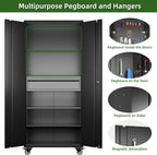 Aobabo 73''H Metal Garage Storage Cabinet with Wheels,Steel Cabinets with 2 Doors and 4 Adjustable Shelves for Home Office,Required Assembly,Black