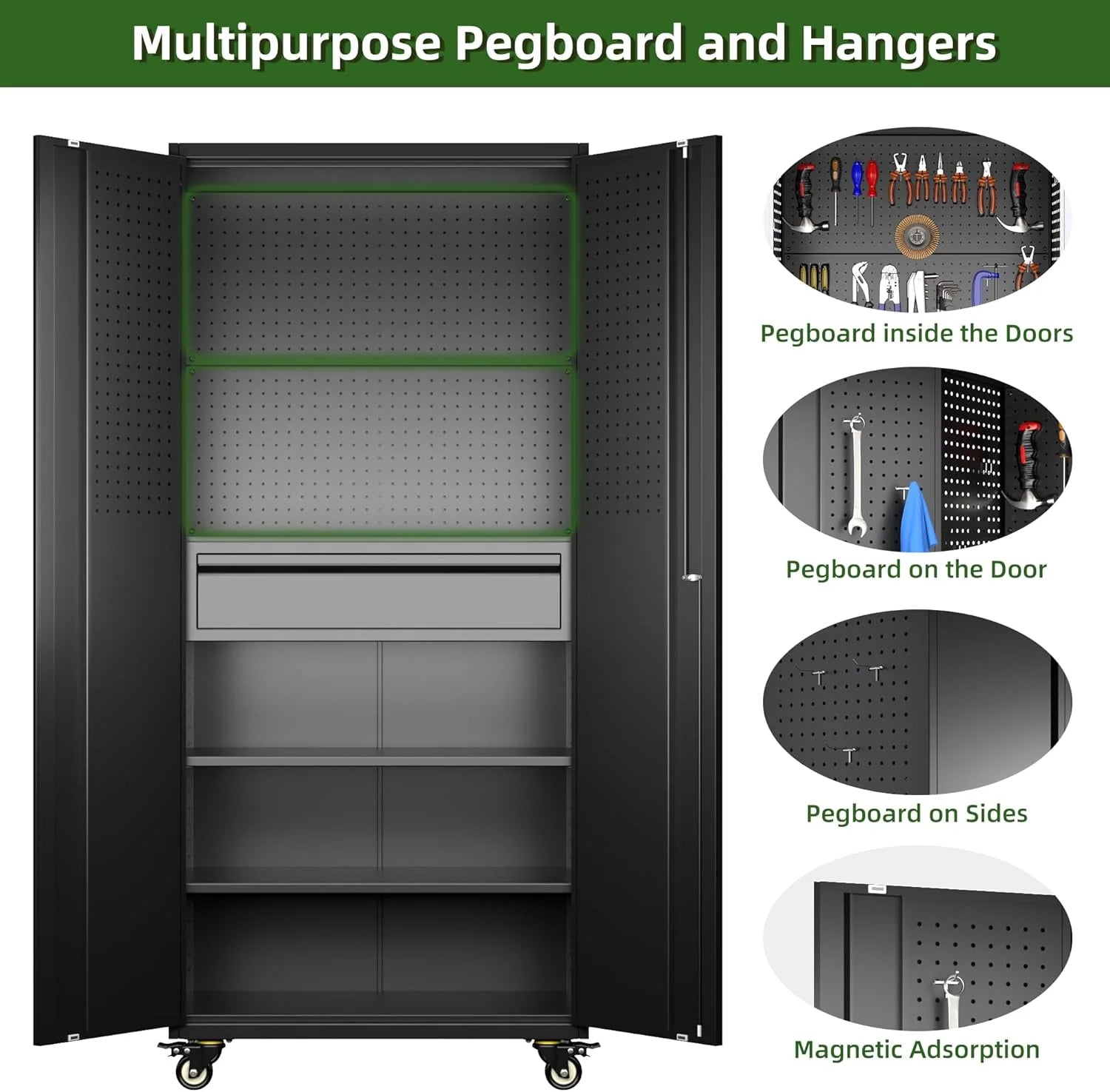 Aobabo 73''H Metal Garage Storage Cabinet with Wheels,Steel Cabinets with 2 Doors and 4 Adjustable Shelves for Home Office,Required Assembly,Black