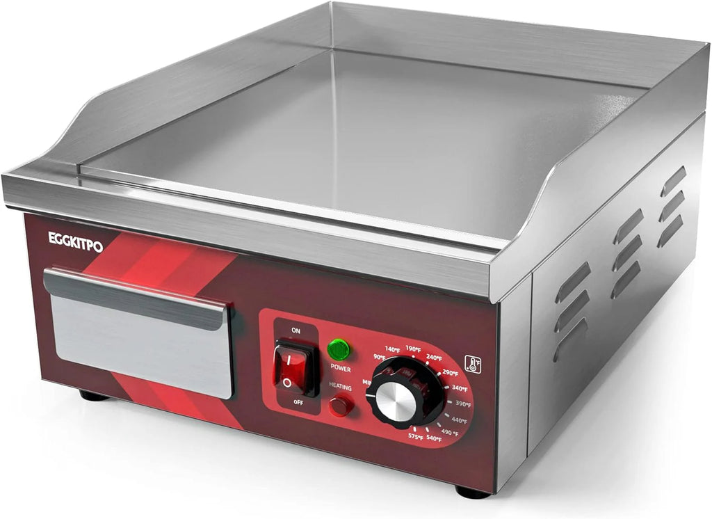 14 Inch Electric Griddle, Non-Stick Flat Top Grill Commercial Electric Countertop Griddles Stainless Steel Adjustable Temperature Control 90??F-575??F for Home or Restaurant Use