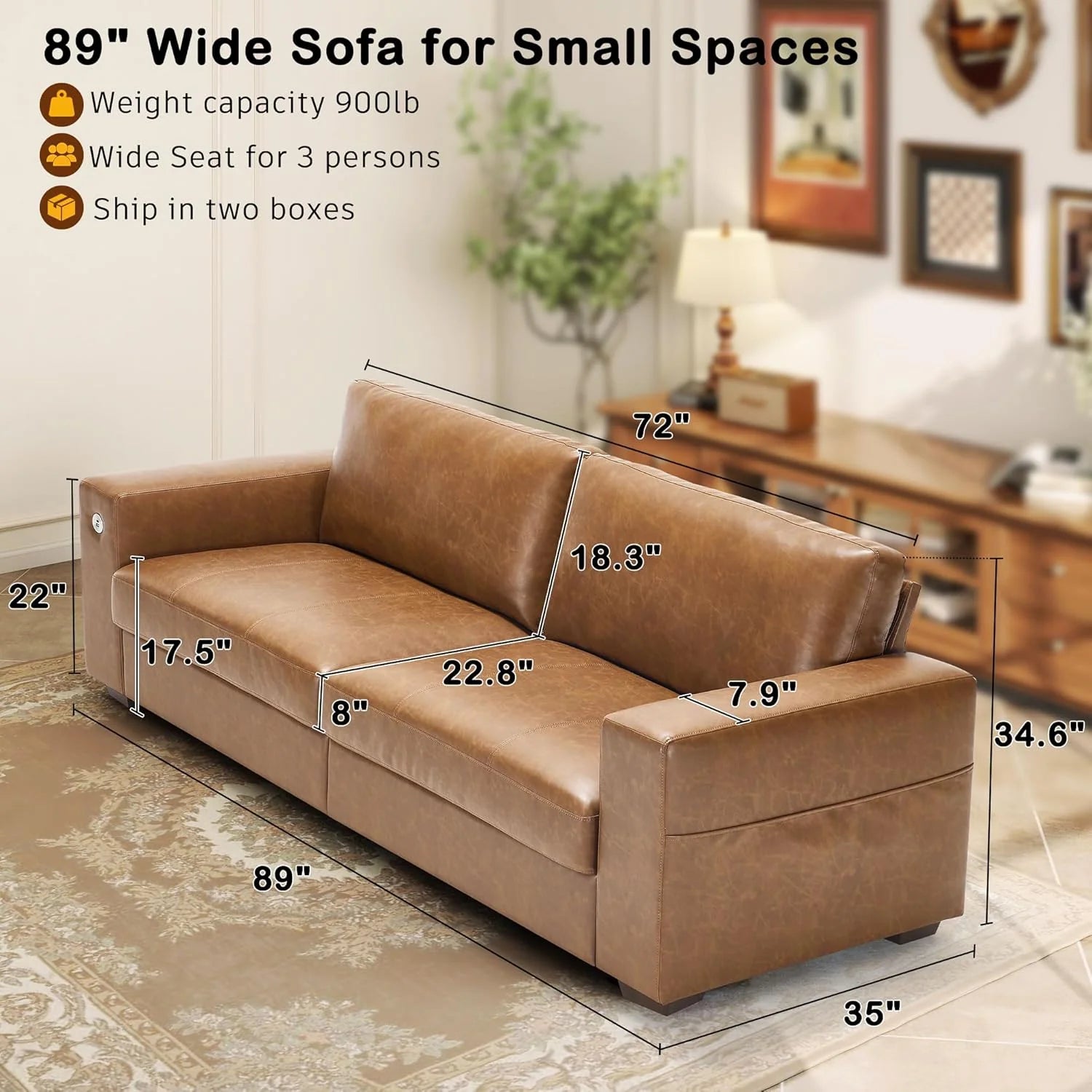 Hanherry 89" Sofa for Living Room, Modern Comfy Sofa with Medium Firm Seat Cushion, Removable Cover,Wide Armrest,USB/Type-C Port,Chenille Fabric Couches for Small Space,Apartment