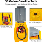 TECSPACE 58 Gallon Gasoline Tank, Portable Fuel Tank with 12V Electric Fuel Transfer Pump, 40 GPM Gasoline Fuel Tank with 4 Meters Hose for Gasoline Transportation (Yellow, 58 gal)