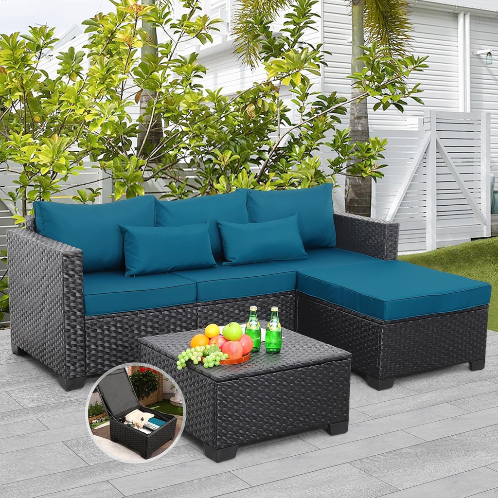 Rattaner Outdoor Furniture Set 3 Pieces Wicker Patio Furniture Outdoor Sectional Patio Couch Outdoor Coffee Table with Storage All-Weather Non-Slip Cushions Waterproof Covers