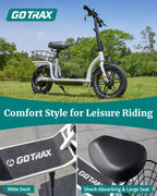 Gotrax adult electric scooter with seat maximum range of 19-25 miles all-terrain tires wide pedals