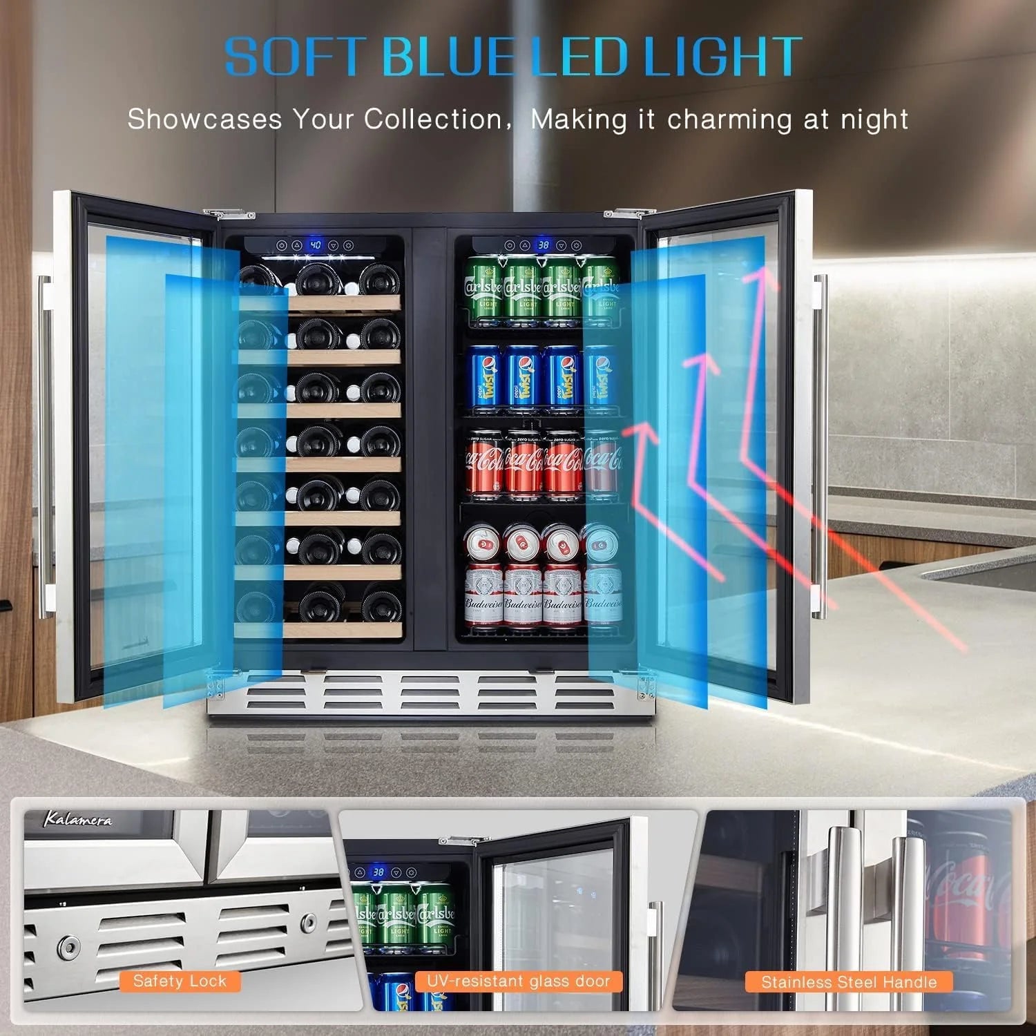 24 inch Wine Cooler, 46 Bottle - Dual Zone Built-in or Freestanding Fridge with Stainless Steel Reversible Glass Door, for Home, Kitchen, or Office.
