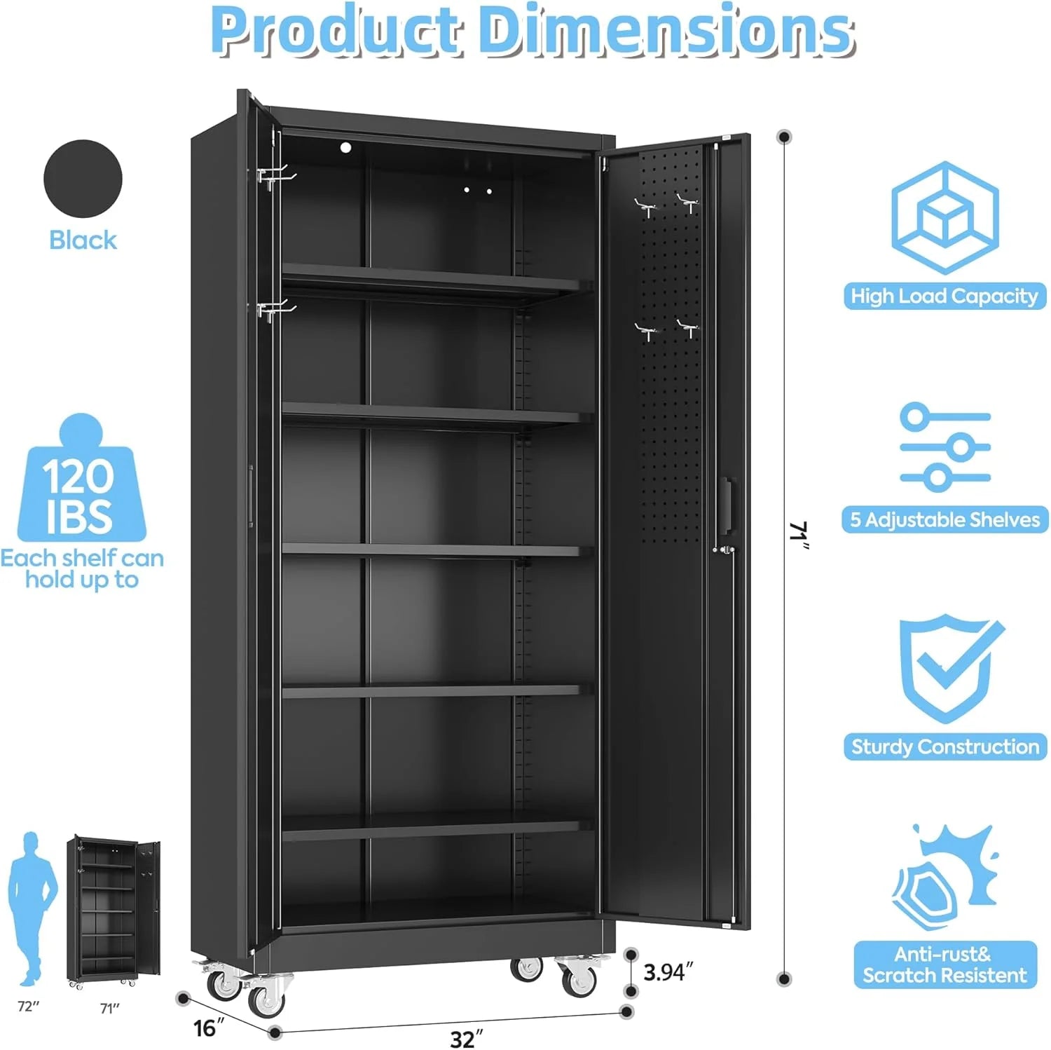 Aobabo 73''H Metal Garage Storage Cabinet with Wheels,Steel Cabinets with 2 Doors and 4 Adjustable Shelves for Home Office,Required Assembly,Black