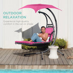 Best Choice Products Outdoor Hanging Curved Steel Chaise Lounge Chair Swing w/Built-in Pillow and Removable Canopy - Teal