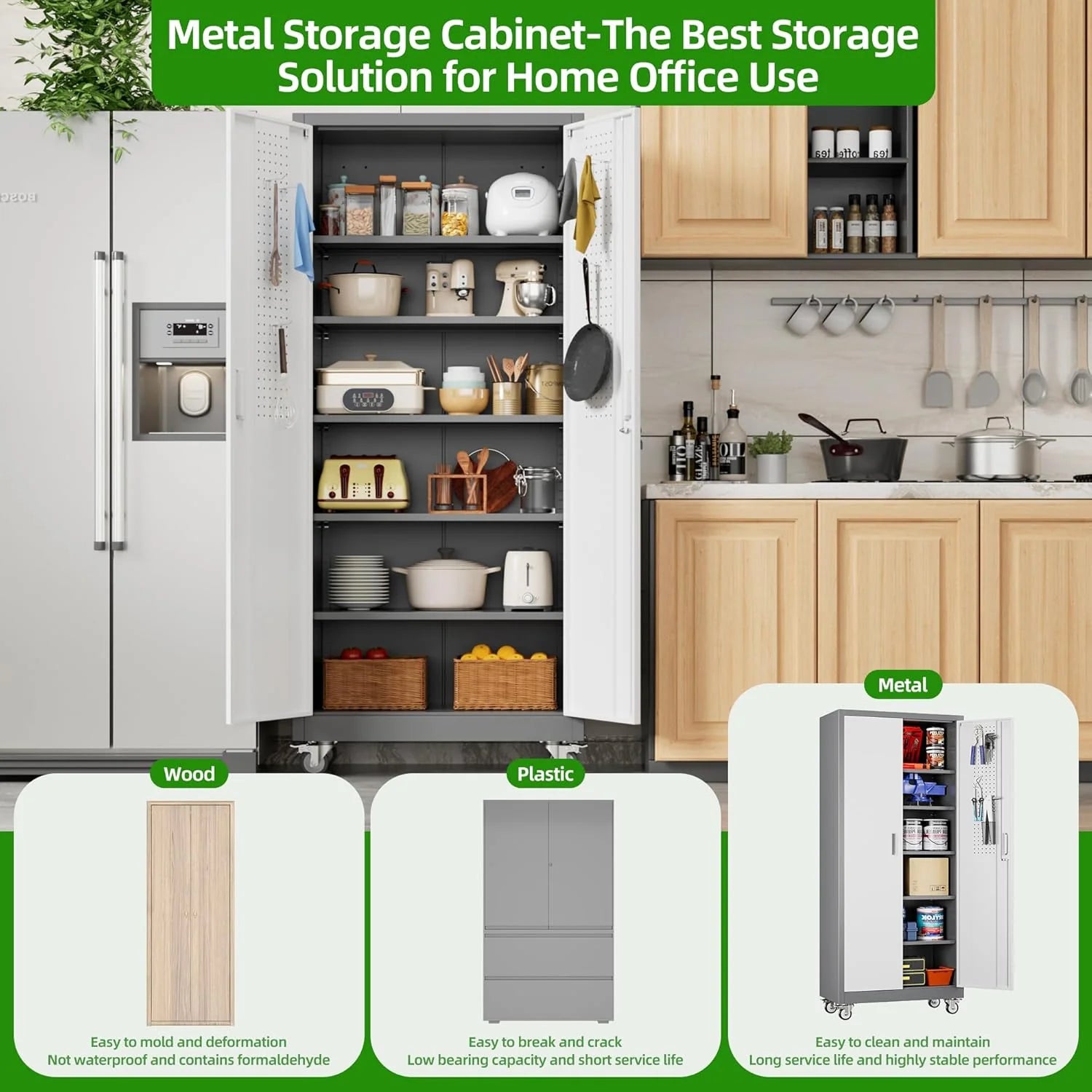 Aobabo 73''H Metal Garage Storage Cabinet with Wheels,Steel Cabinets with 2 Doors and 4 Adjustable Shelves for Home Office,Required Assembly,Black