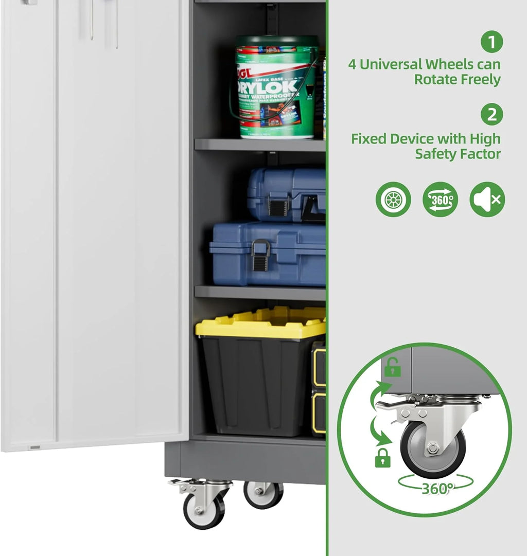 Aobabo 73''H Metal Garage Storage Cabinet with Wheels,Steel Cabinets with 2 Doors and 4 Adjustable Shelves for Home Office,Required Assembly,Black