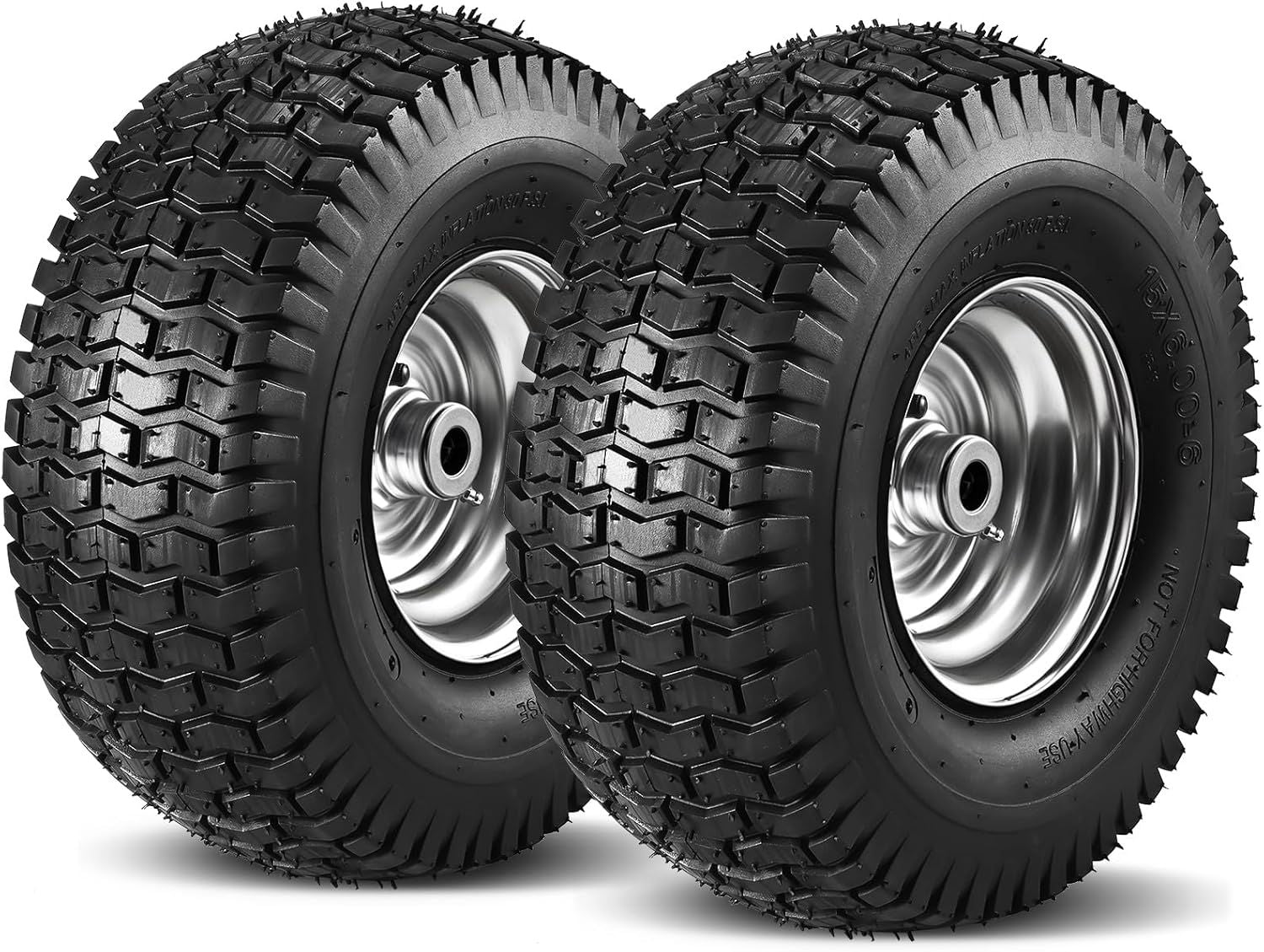 Wbuosz Lawn Mower Front Tyres & Wheels 2 Pack, 15x6.00-6, 4 Ply with Tube, Fits John Deere, Craftsman, Husqvarna, 3/4" Hub, 400 lbs Capacity