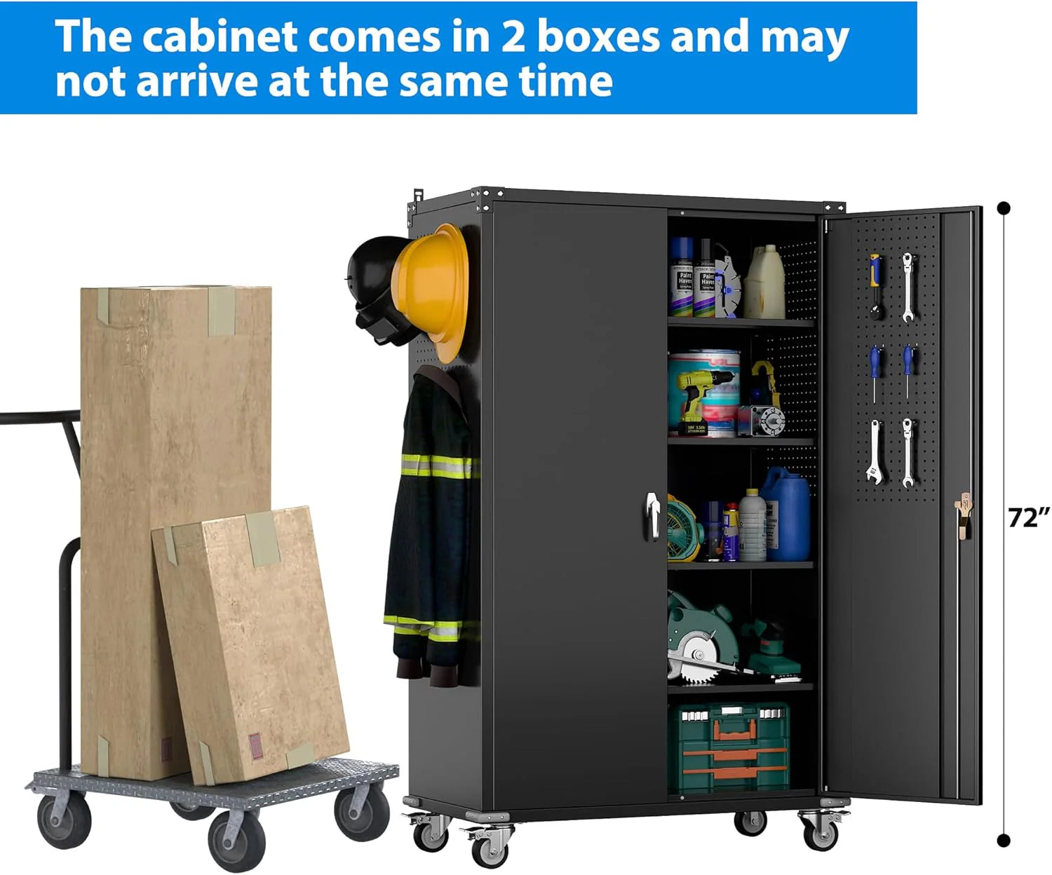 Aobabo 73''H Metal Garage Storage Cabinet with Wheels,Steel Cabinets with 2 Doors and 4 Adjustable Shelves for Home Office,Required Assembly,Black