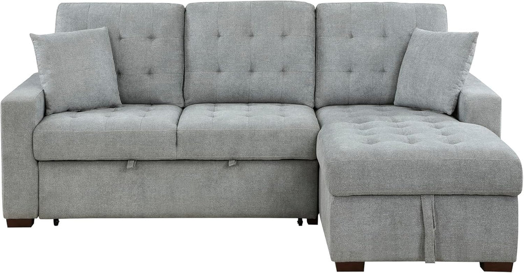 Sleeper Sofa, L Shape Sectional Couch with Right Storage Chaise and Pull Out Sofa Bed, Grey