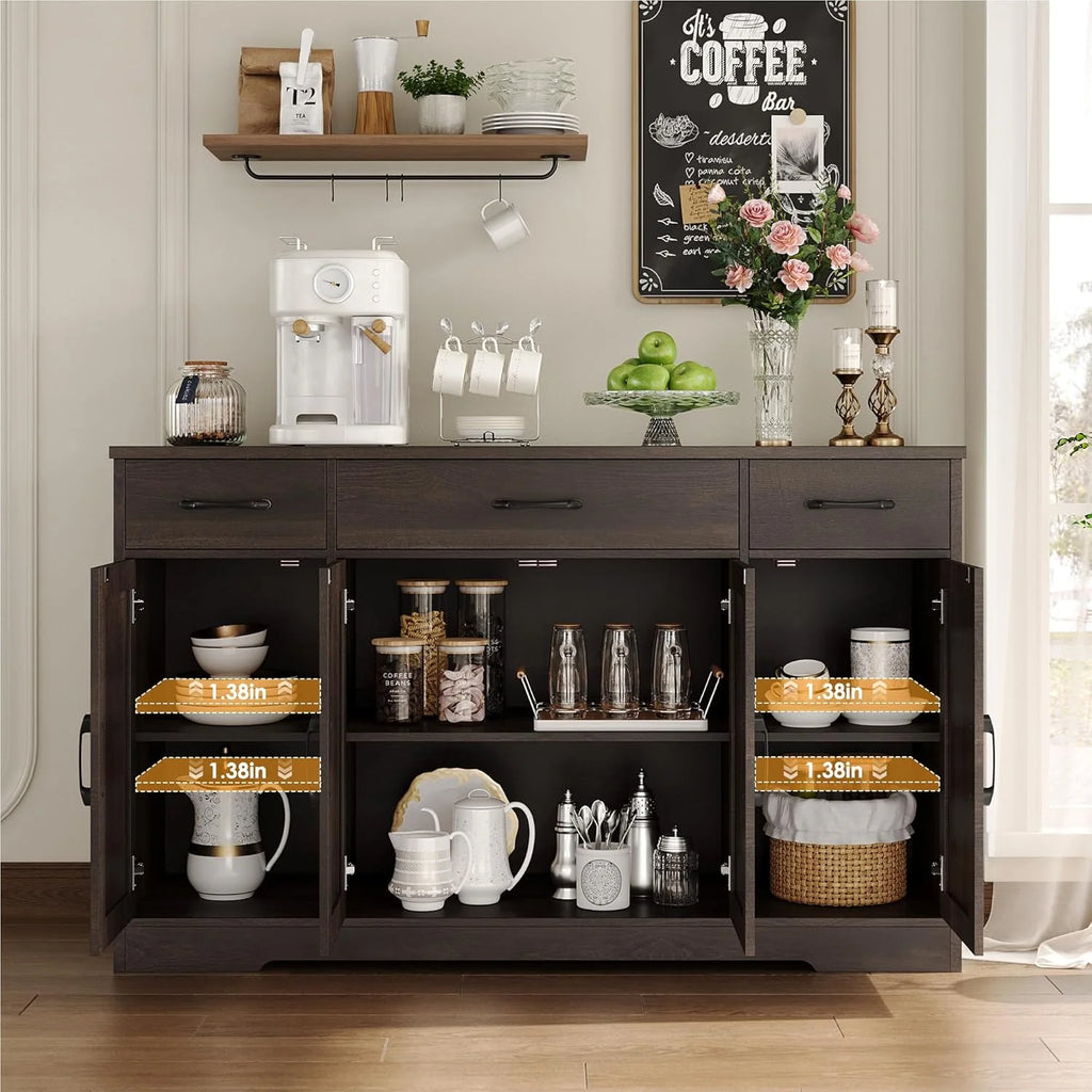 HOSTACK Buffet Cabinet with Drawers, 55" Large Sideboard Buffet Storage Cabinet with Shelves and Doors, Modern Farmhouse Coffee Bar Station Wood Kitchen Table for Kitchen, Dining Room, White/Rustic