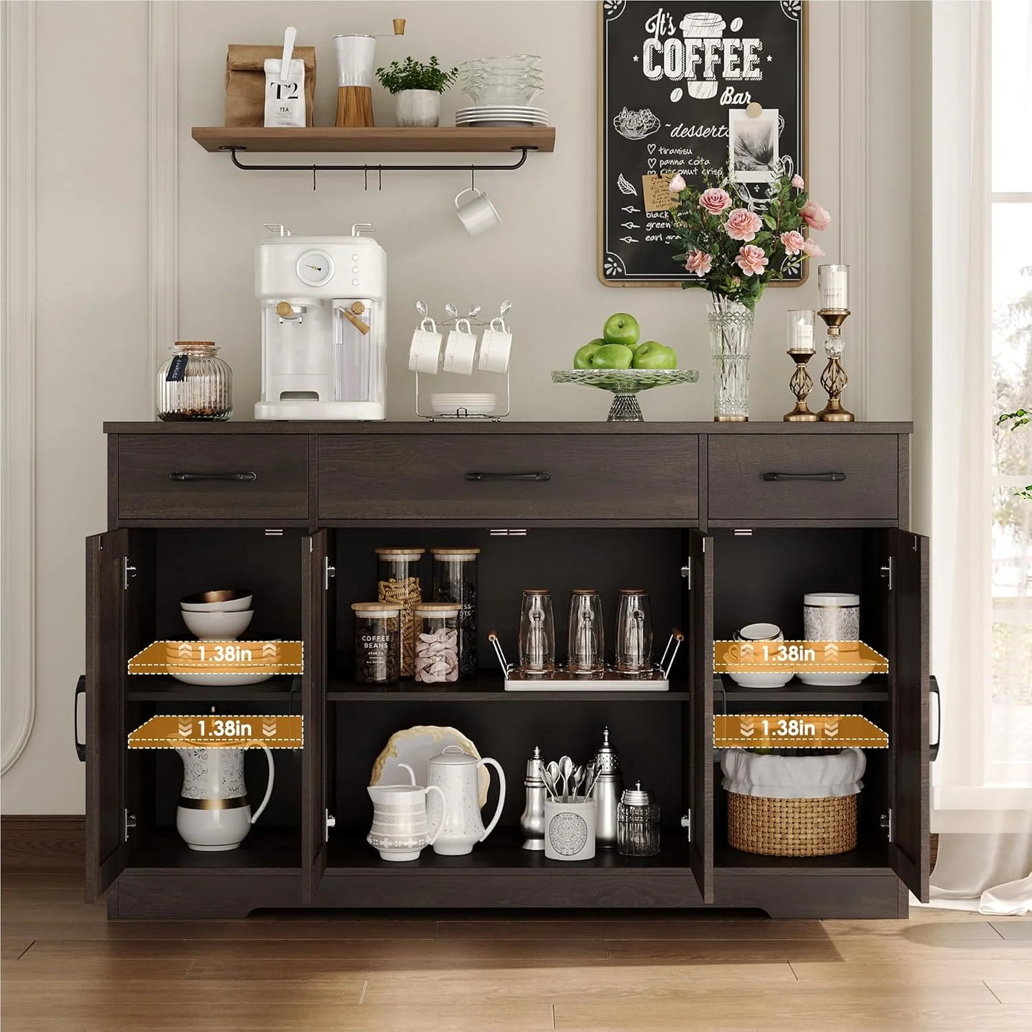 HOSTACK Buffet Cabinet with Drawers, 55" Large Sideboard Buffet Storage Cabinet with Shelves and Doors, Modern Farmhouse Coffee Bar Station Wood Kitchen Table for Kitchen, Dining Room, White/Rustic