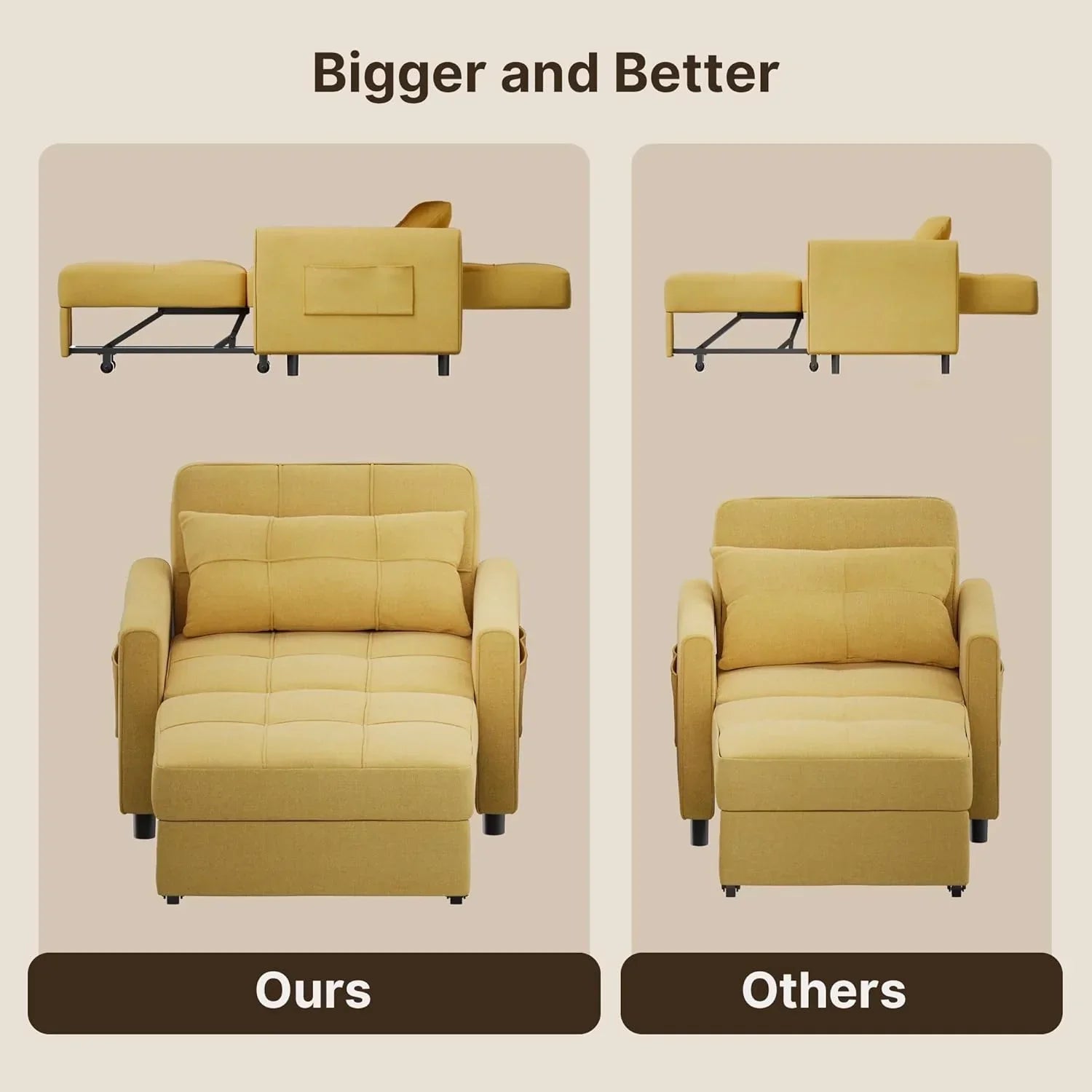 Sofa Bed Chair 3 in 1 Convertible Pullout Single Sleeper Chair Bed Spacious Multifunctional Sofa