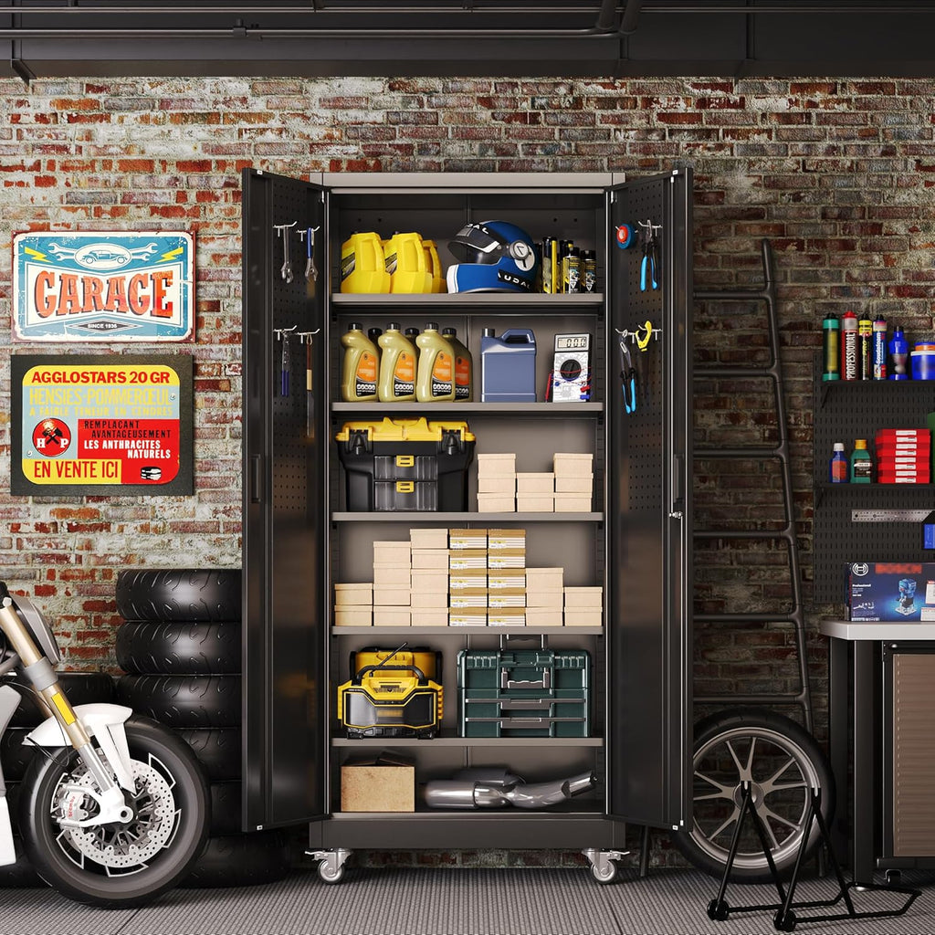 Aobabo 73''H Metal Garage Storage Cabinet with Wheels,Steel Cabinets with 2 Doors and 4 Adjustable Shelves for Home Office,Required Assembly,Black