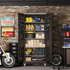 Aobabo 73''H Metal Garage Storage Cabinet with Wheels,Steel Cabinets with 2 Doors and 4 Adjustable Shelves for Home Office,Required Assembly,Black