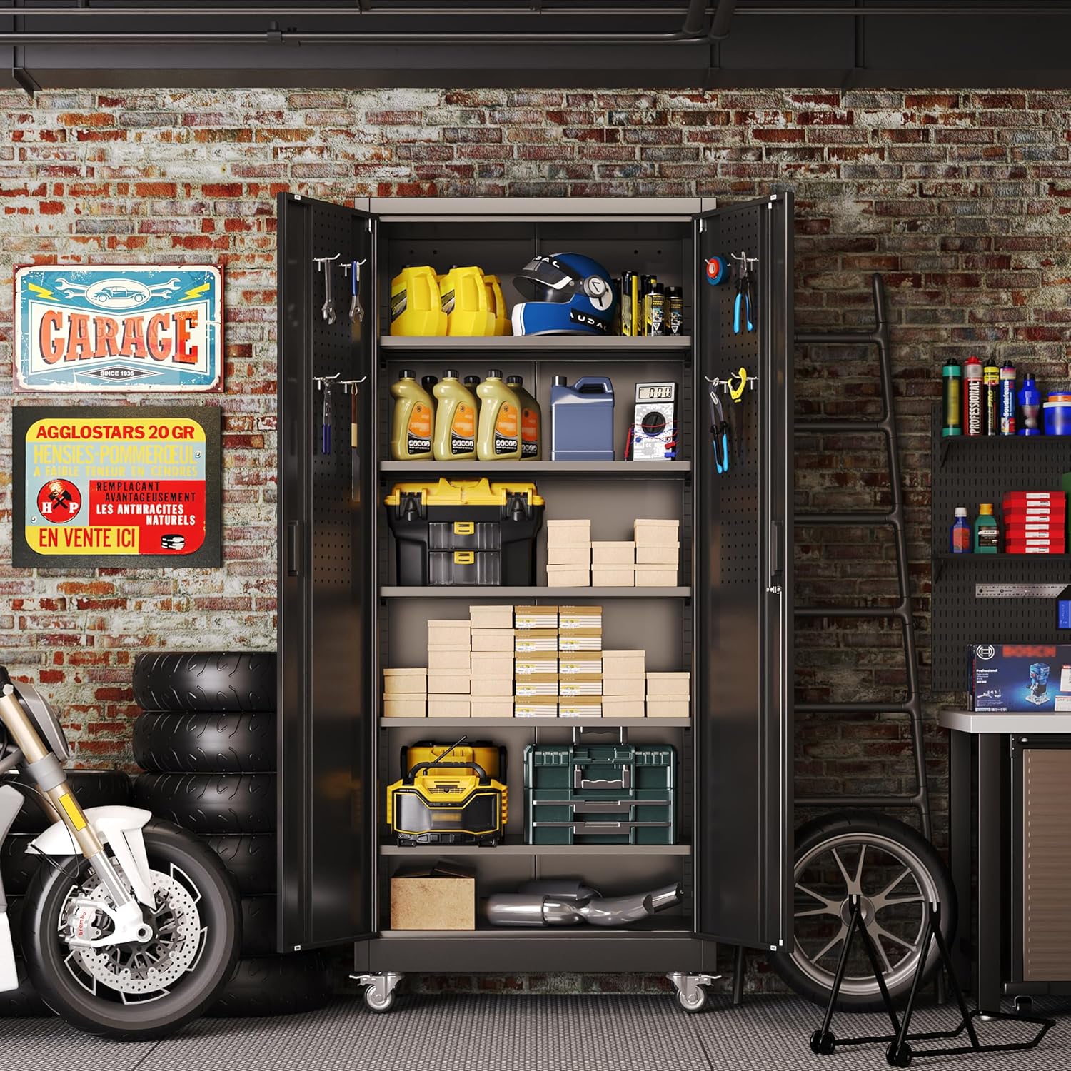 Aobabo 73''H Metal Garage Storage Cabinet with Wheels,Steel Cabinets with 2 Doors and 4 Adjustable Shelves for Home Office,Required Assembly,Black