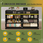 9 Drawer Led Dresser for Bedroom, 58.35'' Wide Wood Dresser Storage Organizer with Power Outlets for 65'' TV, Dressers with Open Shelves