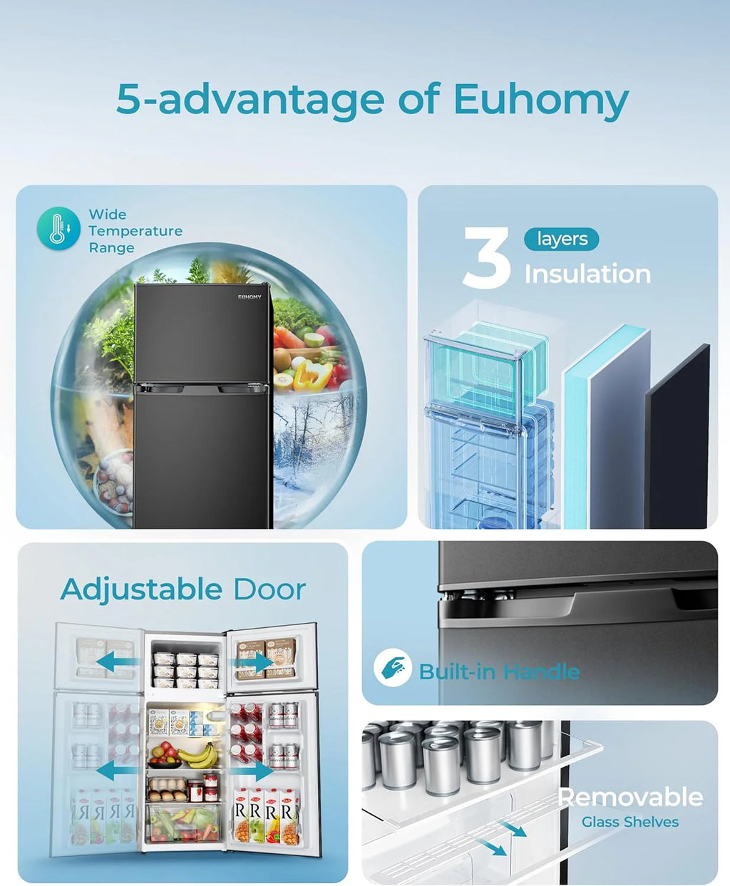 EUHOMY 3.2 Cu.Ft Mini Fridge with Freezer ?C 2-Door Compact Refrigerator for Bedroom, Dorm, Office or Apartment, Silver