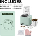 Neretva Bread Maker, 20-IN-1 2LB Bread Machine Dual Heater Bread Maker Machine Automatic with Nonstick Ceramic Pan, 15H Timer & 1H Keep Warm Set, Low Noise, Stainless Steel Breadmaker Recipe-Green