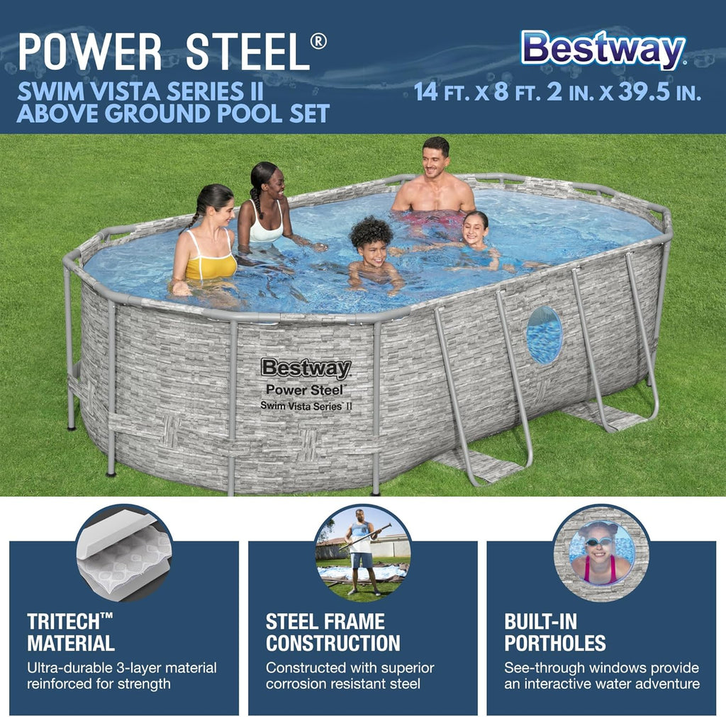 Power Steel Swim Vista Series II 14' x 8' 2" x 39.5" Above Ground Outdoor Swimming Pool Set