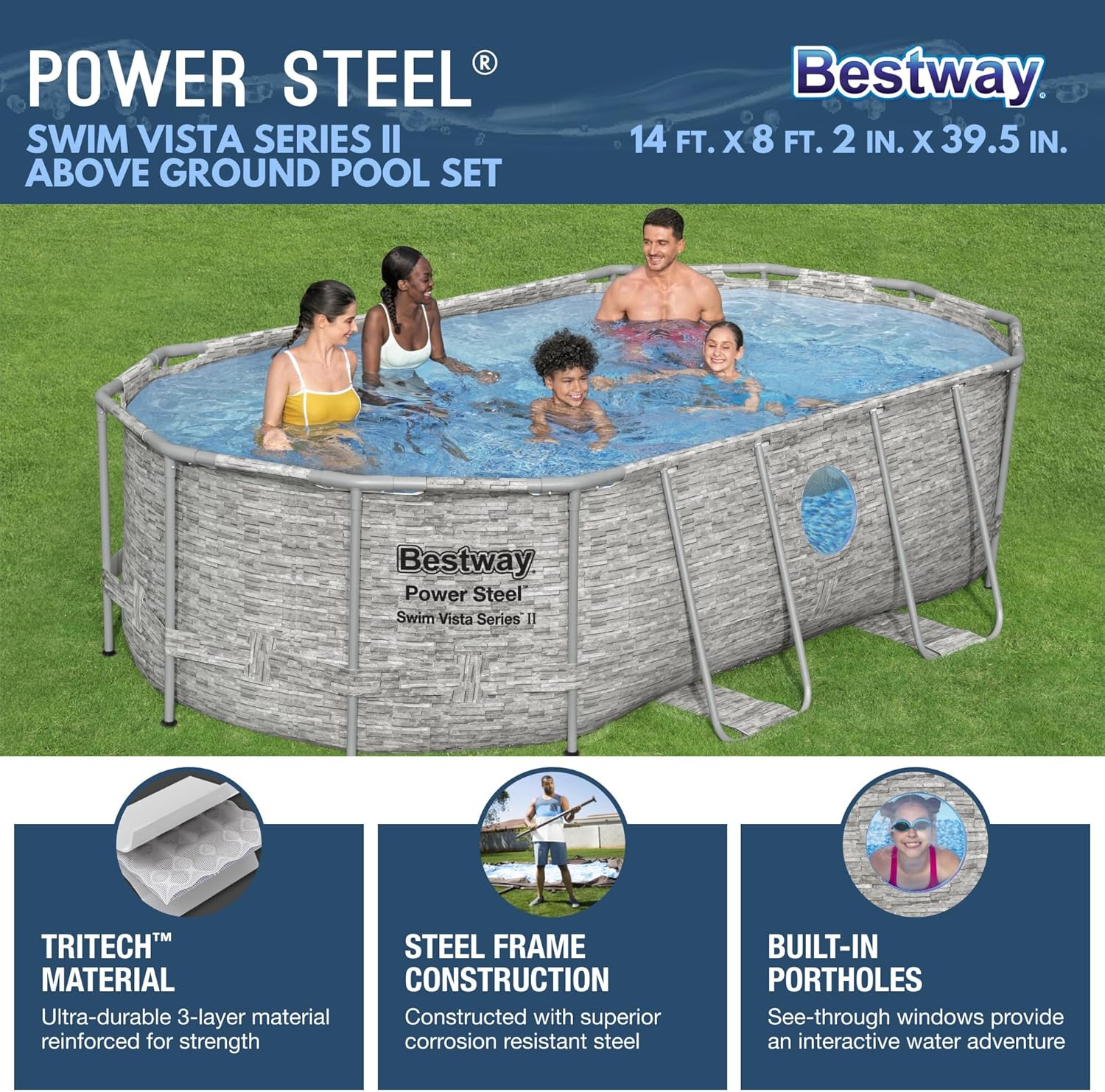 Power Steel Swim Vista Series II 14' x 8' 2" x 39.5" Above Ground Outdoor Swimming Pool Set