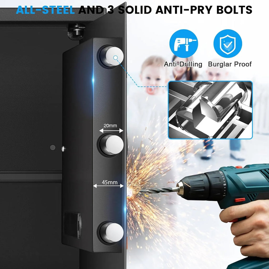 3.8 Cub Large safe is fireproof and waterproof, burglar proof and fireproof safe, with numeric keypad, spare key and 2 removable shelves