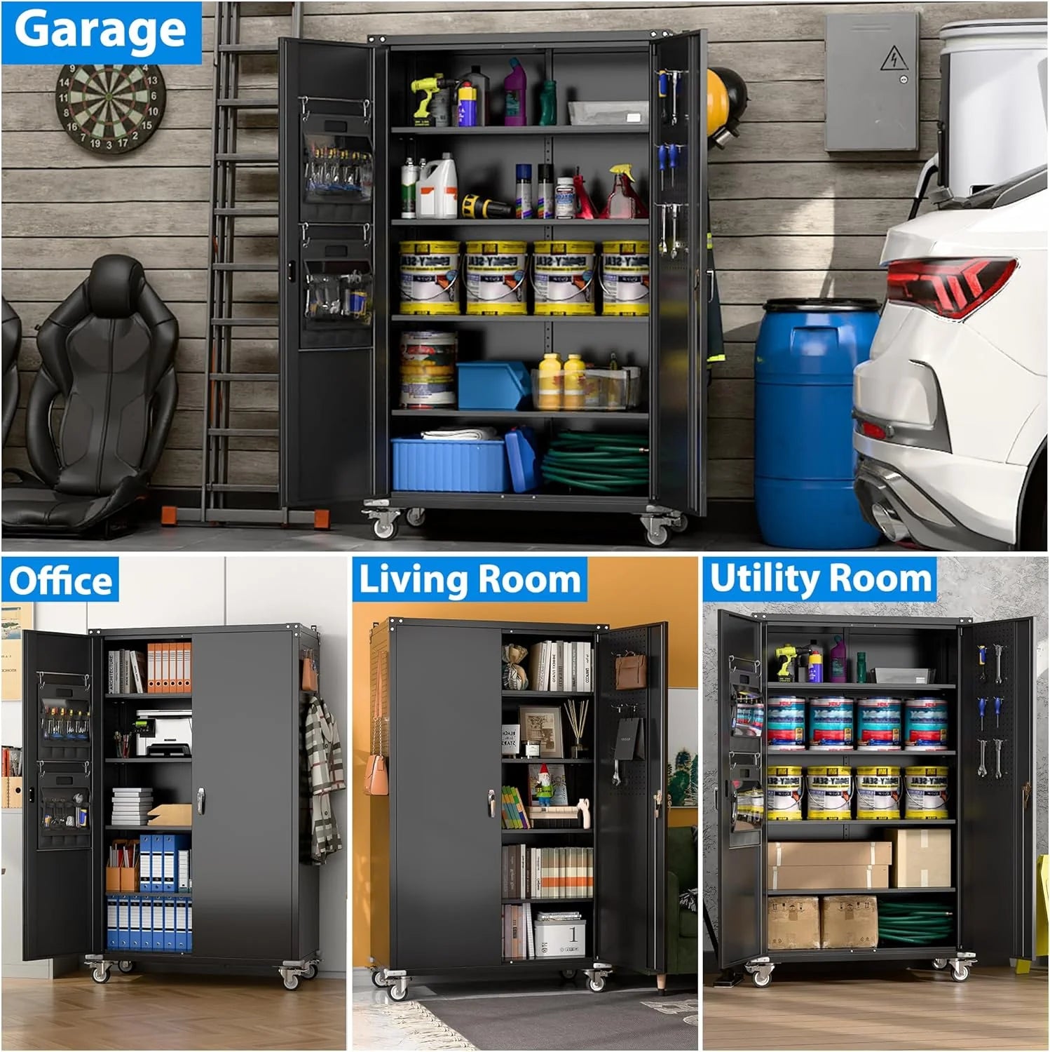 Aobabo 73''H Metal Garage Storage Cabinet with Wheels,Steel Cabinets with 2 Doors and 4 Adjustable Shelves for Home Office,Required Assembly,Black