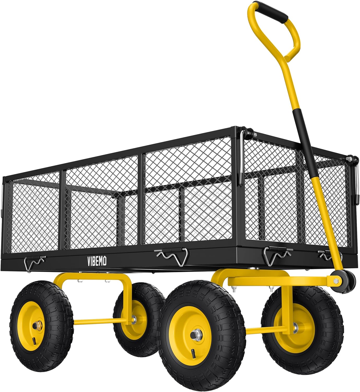 Steel Garden Cart, 2-in-1 1400 lbs Heavy Duty Utility Wagon, with Removable Mesh Sides to Convert into Flatbed, 240�� U-Turn 13" Pneumatic Tires Garden Wagon for Farm Yard Lawn Garden Camping