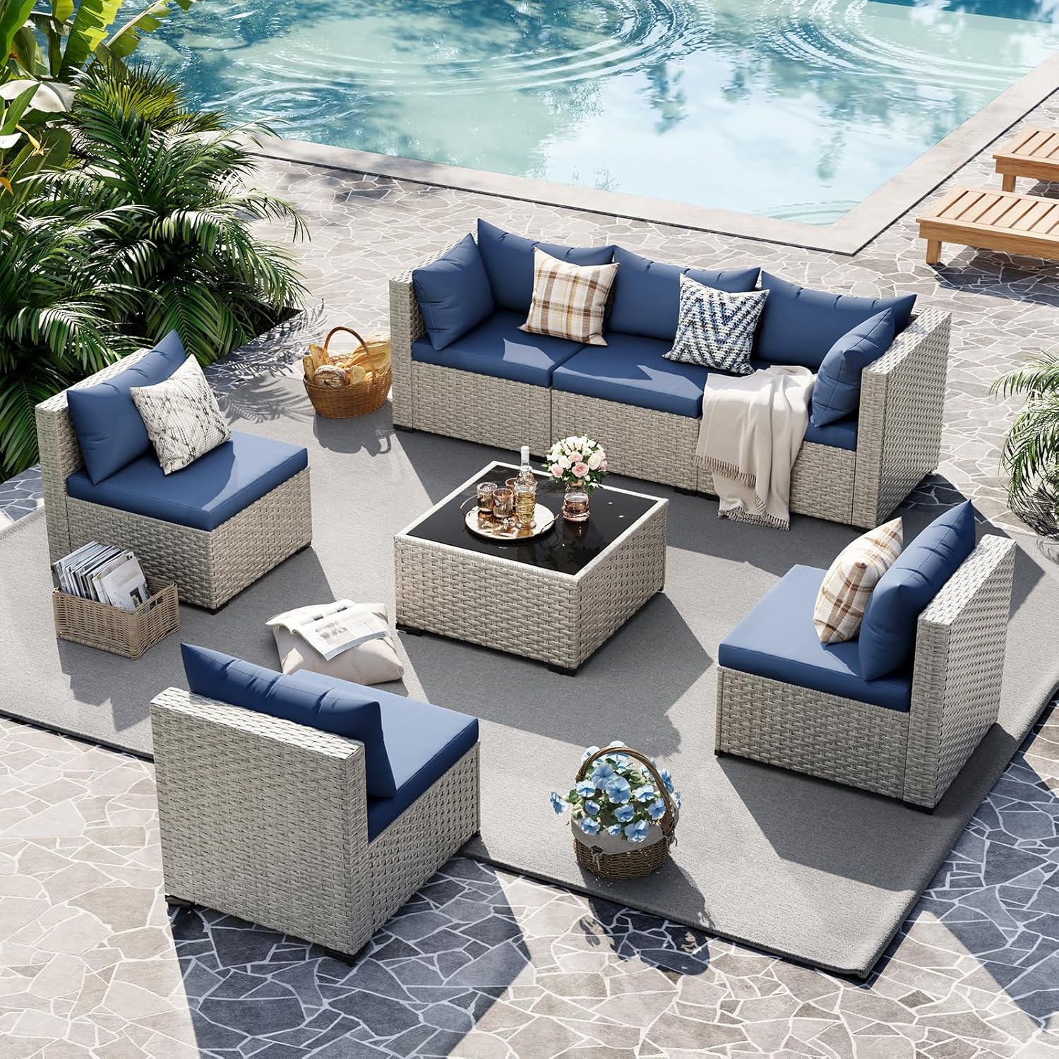 UDPATIO Outdoor Patio Furniture Set, 7-Piece PE Wicker Sectional Sofa with Tea Table, Outdoor Conversation Set