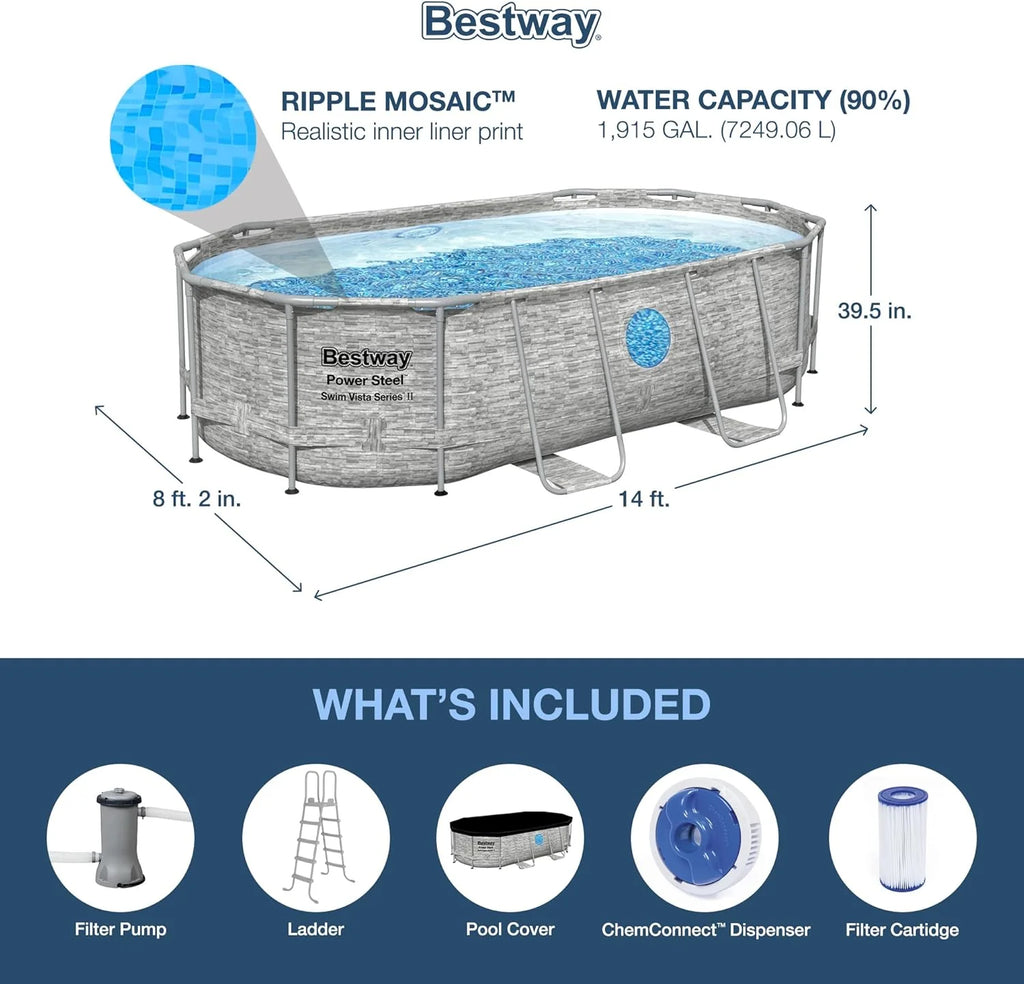 Power Steel 14' x 8'2" x 39.5" Oval Above Ground Pool Set | Includes 530gal Filter Pump, Ladder, ChemConnect Dispener