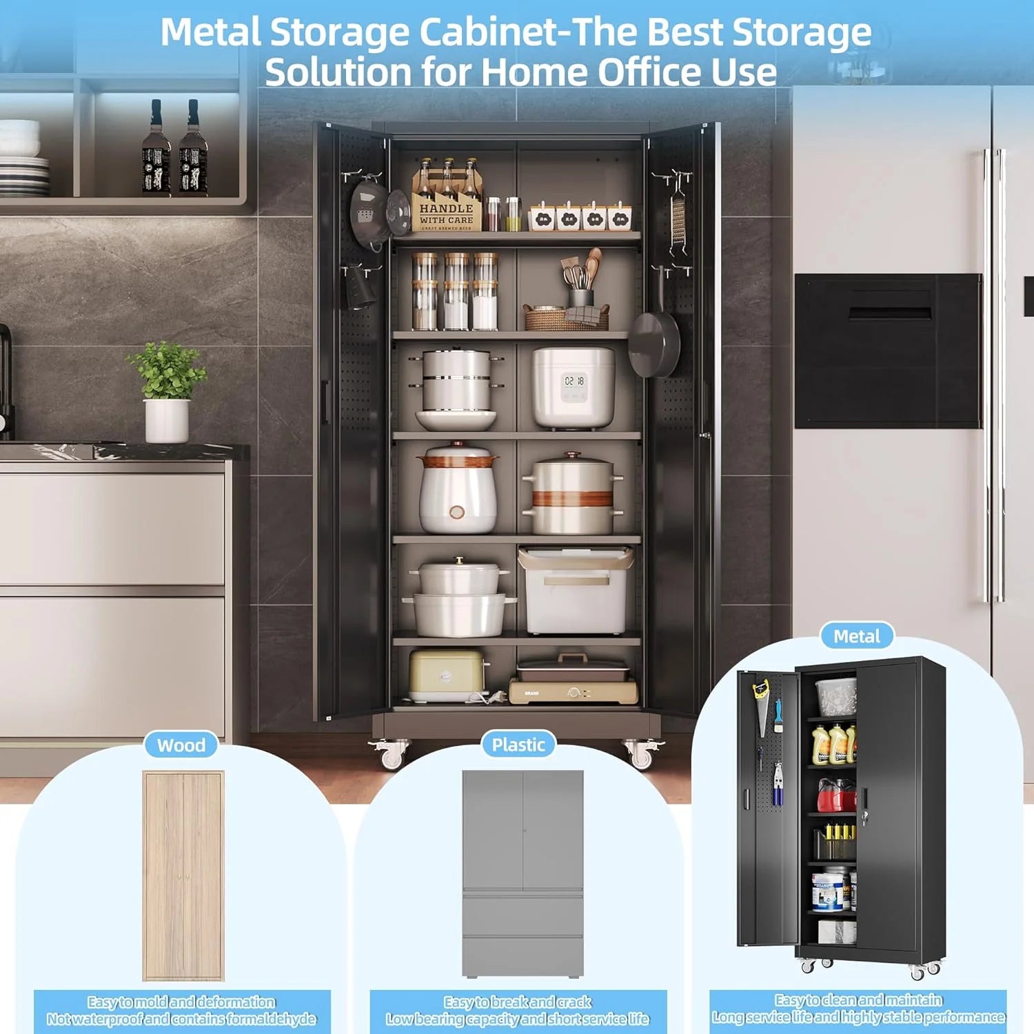 Aobabo 73''H Metal Garage Storage Cabinet with Wheels,Steel Cabinets with 2 Doors and 4 Adjustable Shelves for Home Office,Required Assembly,Black